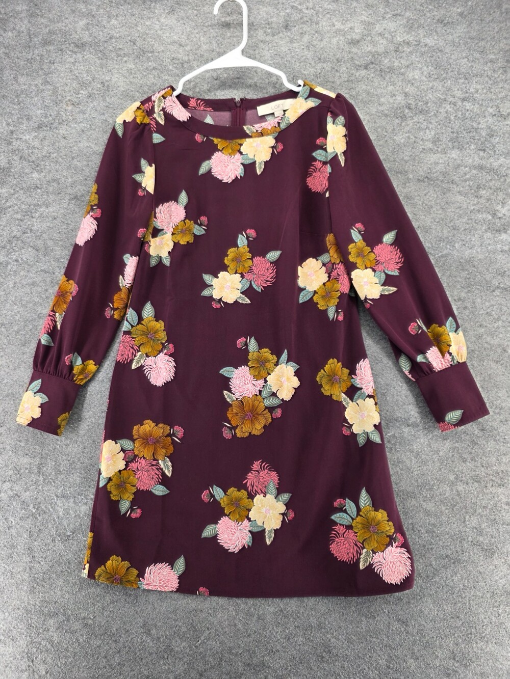 LOFT Ann Taylor Dress Womens 2 Petite Long Sleeve Burgundy Floral